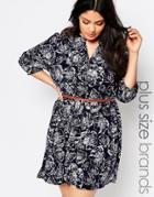 Yumi Plus Skater Dress With Belt In Flower Print - Navy