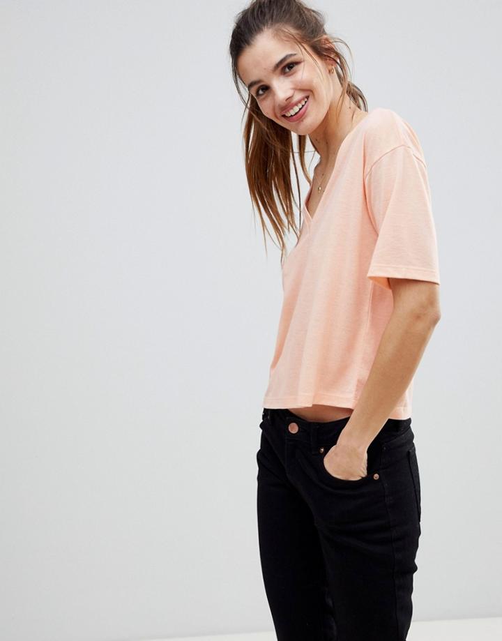 Asos T-shirt With V-neck In Linen Mix - Orange