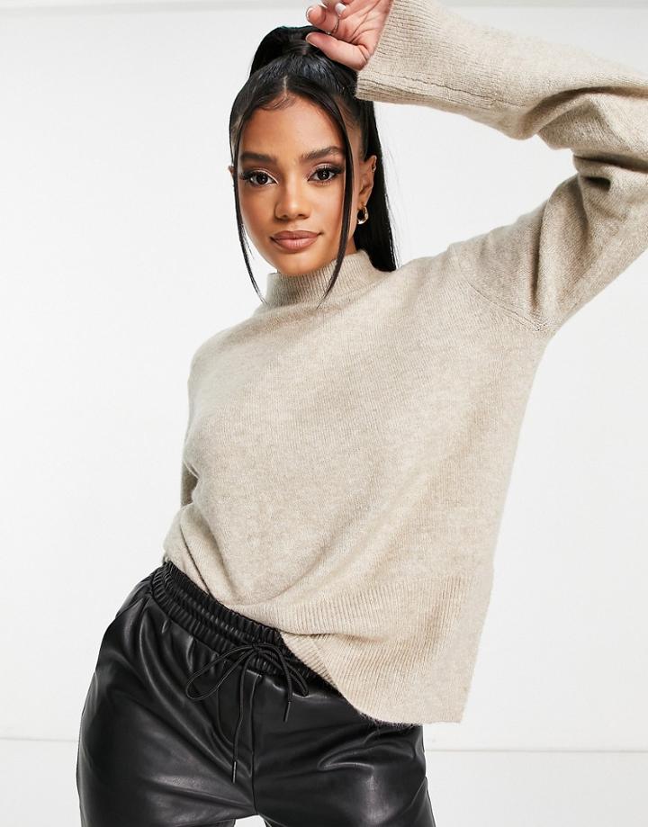 Na-kd Round Neck Side Split Knitted Sweater In Beige-neutral