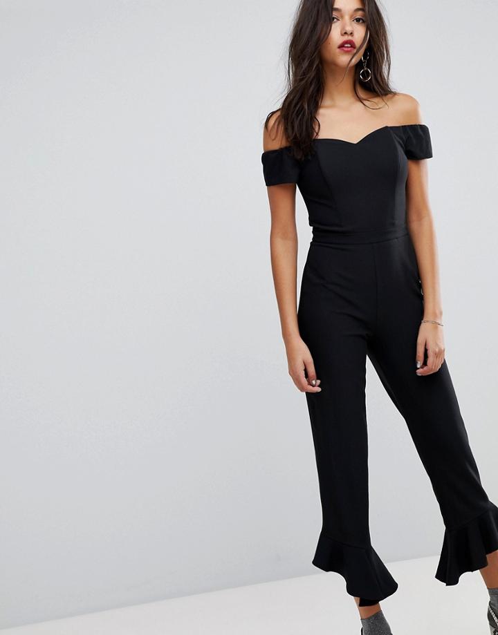 Miss Selfridge Ruffle Hem Bardot Jumpsuit - Black