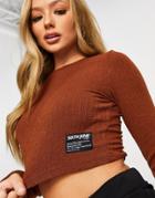 Sixth June Long Sleeve Crop Top Set In Rib-brown