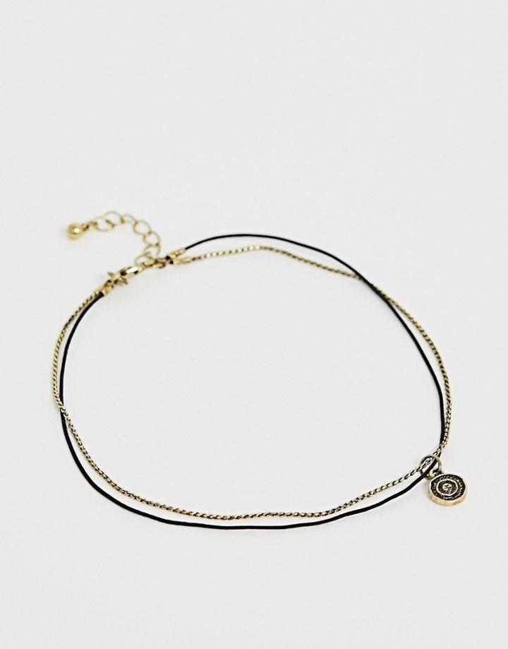 Asos Design Mixed Chain And Cord Anklet In Black And Burnished Gold Tone - Gold
