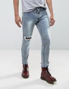 Mennace Skinny Cropped Jeans In Acid Wash With Piercing Ring - Blue