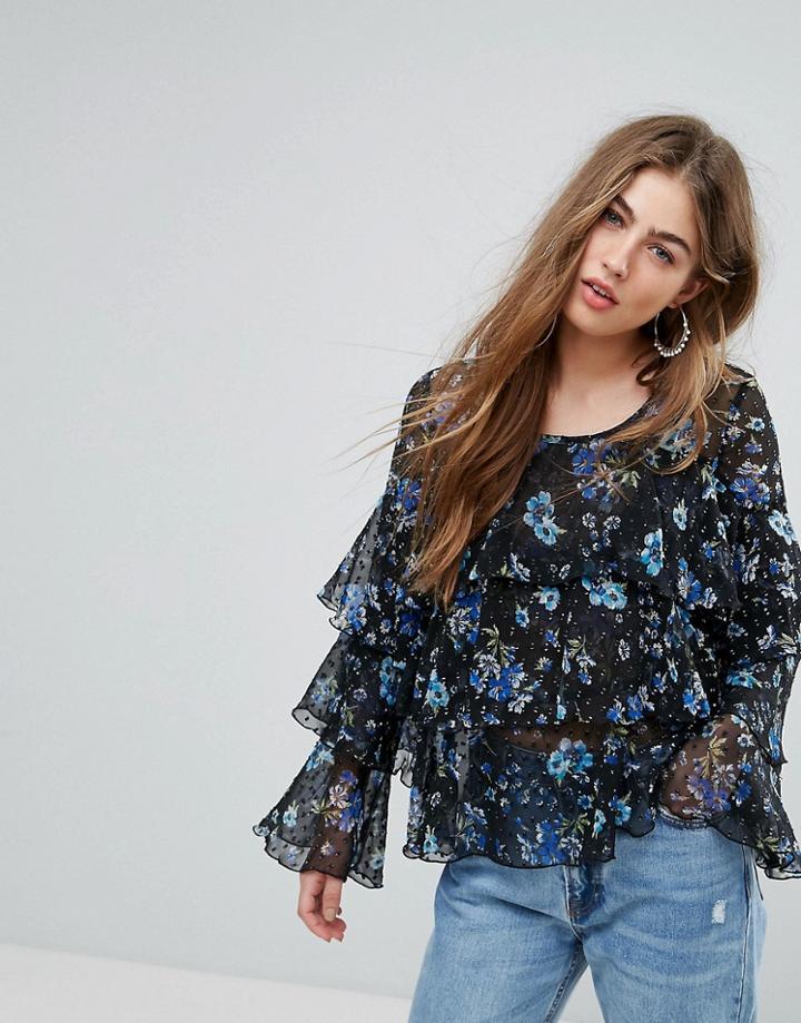 Prettylittlething Floral Ruffle Tier Blouse - Navy
