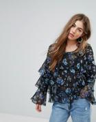 Prettylittlething Floral Ruffle Tier Blouse - Navy