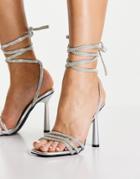 Truffle Collection Embellished Tie Leg Heeled Sandals In Silver
