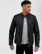 Blend Collarless Biker Jacket In Black Faux Leather - Black
