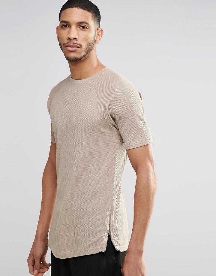 Asos Longline Muscle T-shirt In Waffle With Side Zips In Beige - Silver Mink