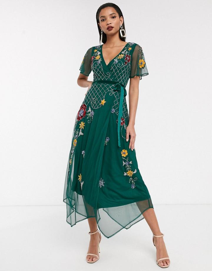 Frock & Frill Short Sleeve Embellished Wrap Midi Dress-green
