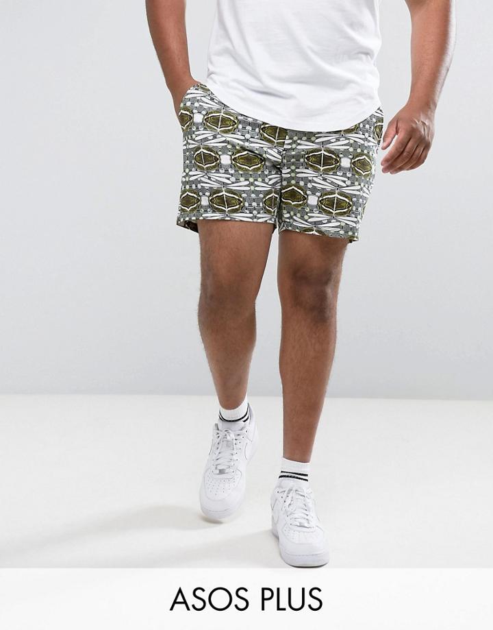 Asos Plus Slim Shorter Chino Shorts With Dragonfly Print - Green