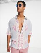 Topman Oversize Vintage Border Print Viscose Shirt In Blue-blues