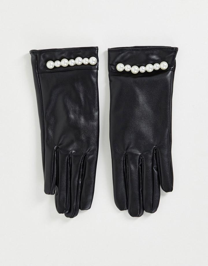 Svnx Pu Leather Gloves With Pearl Trim In Black
