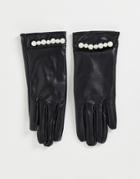Svnx Pu Leather Gloves With Pearl Trim In Black