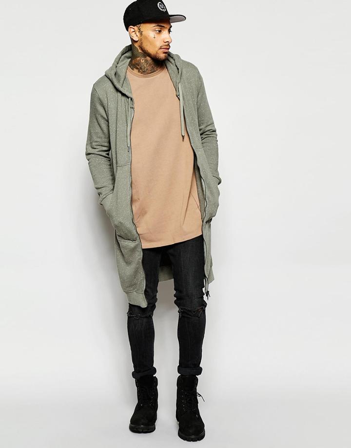 Black Kaviar Longline Zip Up Hoodie With Fleck - Khaki