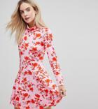 Asos Petite Turtleneck Mini Dress With Godets In Floral Print-pink