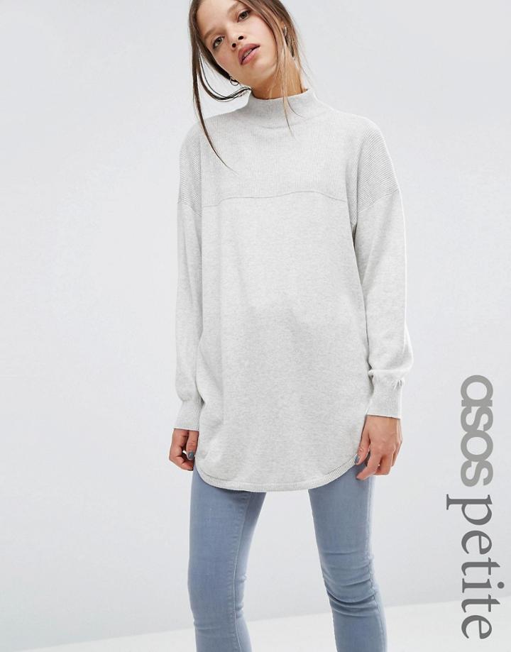 Asos Petite Tunic Sweater With High Neck In Cashmere Mix - Gray