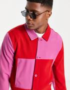 Asos Design Smart Color Block Trucker Jacket In Pink And Red - Part Of A Set