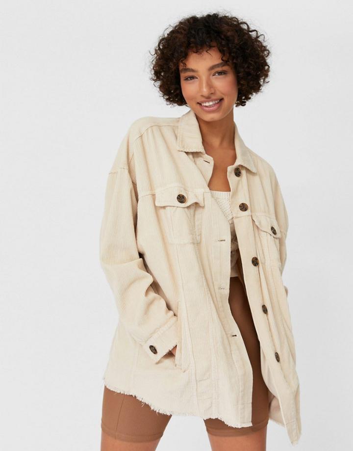 Stradivarius Corduroy Overshirt Jacket In Beige-neutral