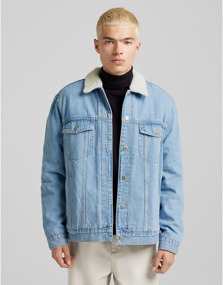 Bershka Denim Trucker Jacket With Borg Collar In Light Blue-blues