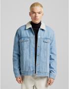 Bershka Denim Trucker Jacket With Borg Collar In Light Blue-blues