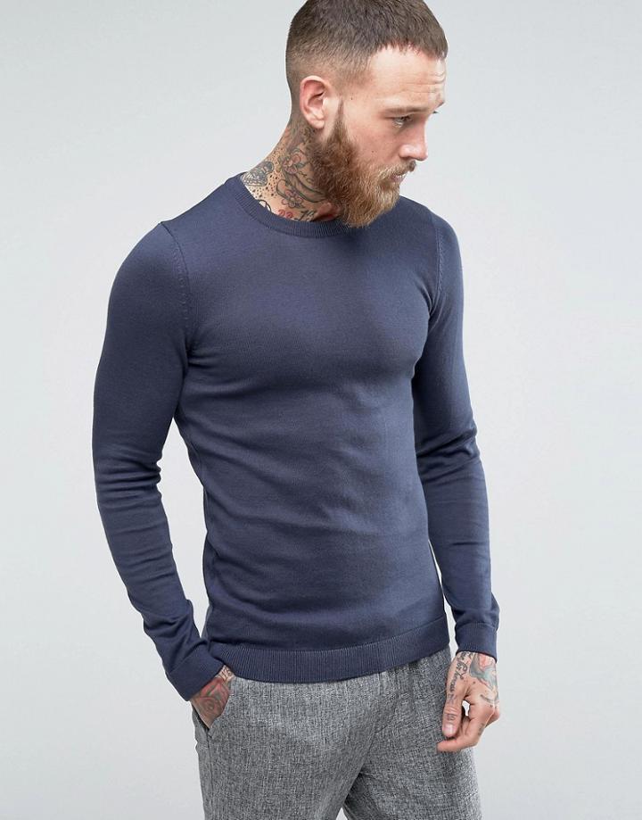 Asos Muscle Fit Sweater In Navy - Navy