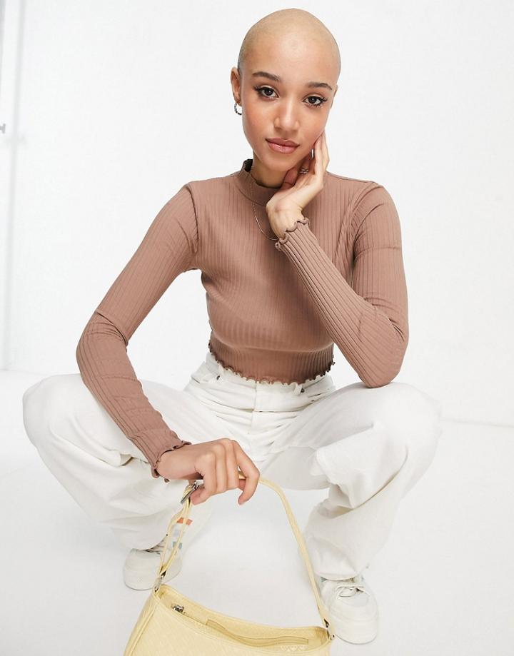 Miss Selfridge Long Sleeve Ribbed Cropped Funnel Neck Top-brown