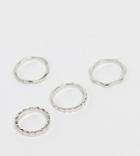 Asos Design Curve Pack Of 4 Rings In Mixed Texture Designs In Silver Tone