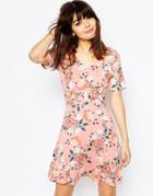Asos Skater Dress With Ruffle Detail In Pretty Floral Print - Multi