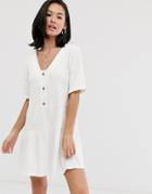 Asos Design Textured Button Through Smock Dress With Tiered Skirt - White