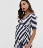 Bluebelle Maternity Nursing Wrap Front Stripe Jersey Top In Navy And White - Multi