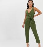 Asos Design Petite Wrap Front Jumpsuit With Peg Leg And Self Belt-green