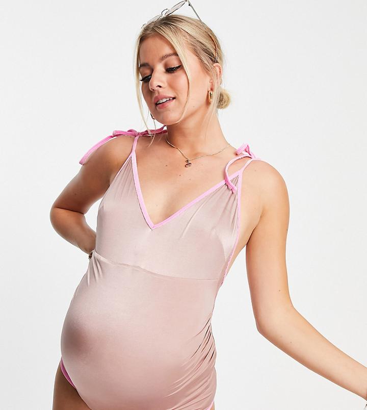 Asos Design Maternity Contrast Tie Shoulder Swimsuit With Velvet Contrast Bind In Mink And Pink