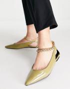 Asos Design Lookout Ballet Flats With Ankle Chain In Green Patent