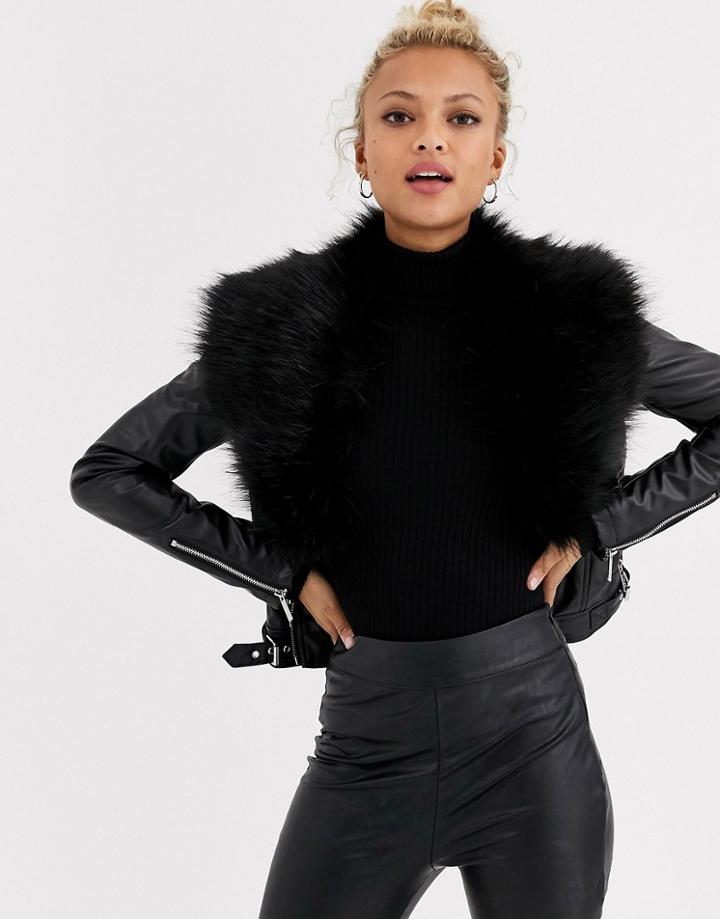 Lipsy Pu Jacket With Fur Collar In Black