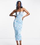 Collusion Blurred Floral Bandeau Midi Dress In Aqua-blue