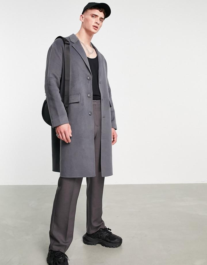 Topman Relaxed Faux Wool Overcoat In Charcoal-grey