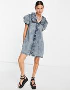 Violet Romance Denim Mini Dress With Collars In Acid Wash Blue-blues