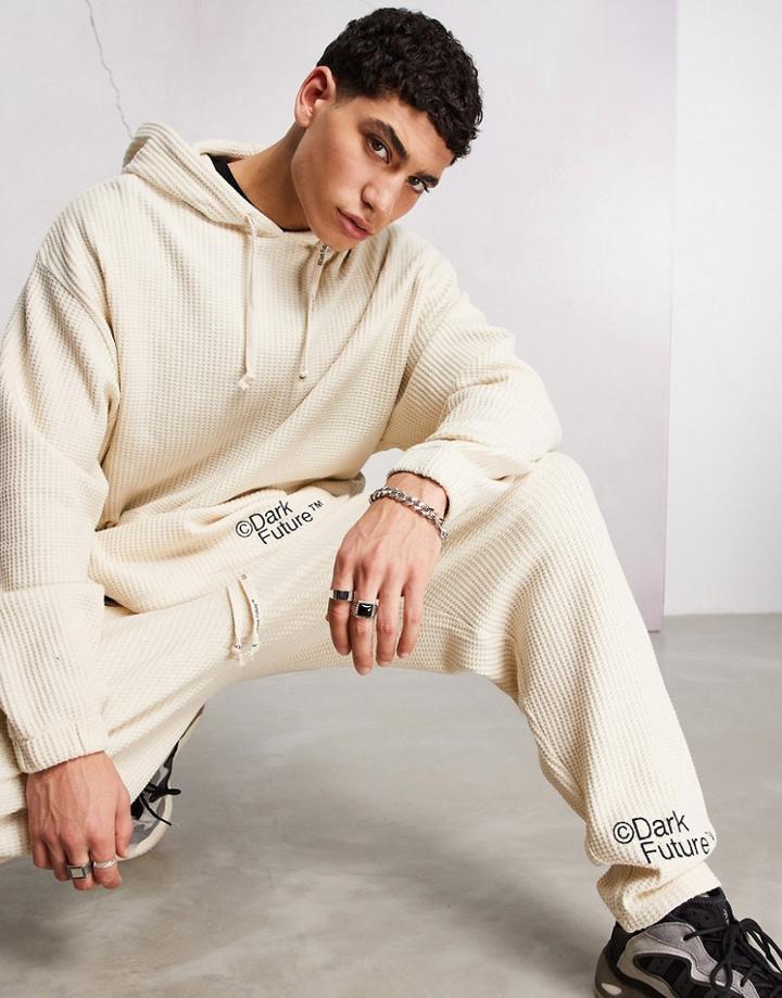 Asos Dark Future Oversized Hoodie In Waffle Texture Fabric With Logo Embroidery In Neutral - Part Of A Set-white