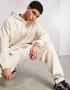 Asos Dark Future Oversized Hoodie In Waffle Texture Fabric With Logo Embroidery In Neutral - Part Of A Set-white