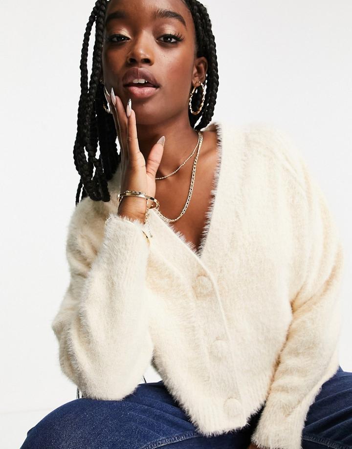 Asos Design V Neck Cardigan In Super Fluffy Yarn In Cream-white