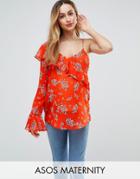 Asos Maternity One Shoulder Ruffle Blouse In Bright Floral - Orange
