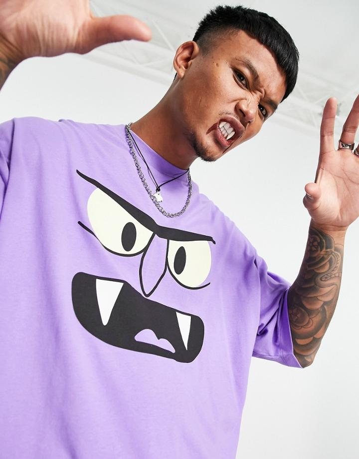 Asos Design Halloween Oversized T-shirt With Monster Print In Bright Purple