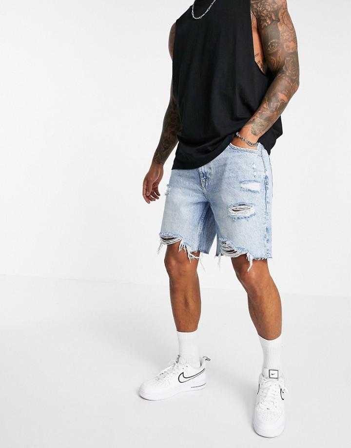 Bershka Slim Fit Denim Shorts With Rips In Light Blue-blues