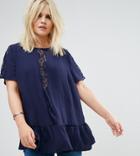 Asos Curve Smock Top With Lace Insert - Navy