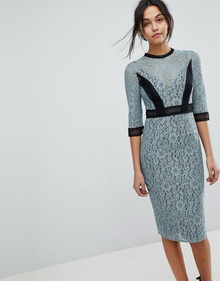 Little Mistress Lace Midi Pencil Dress With Contrast Panel - Blue