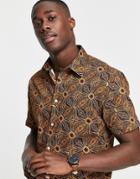 Selected Homme Shirt With Button Collar In Retro Gold Print