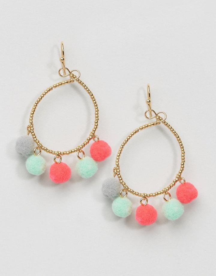 Asos Pom Pom Open Circle Earrings - Multi