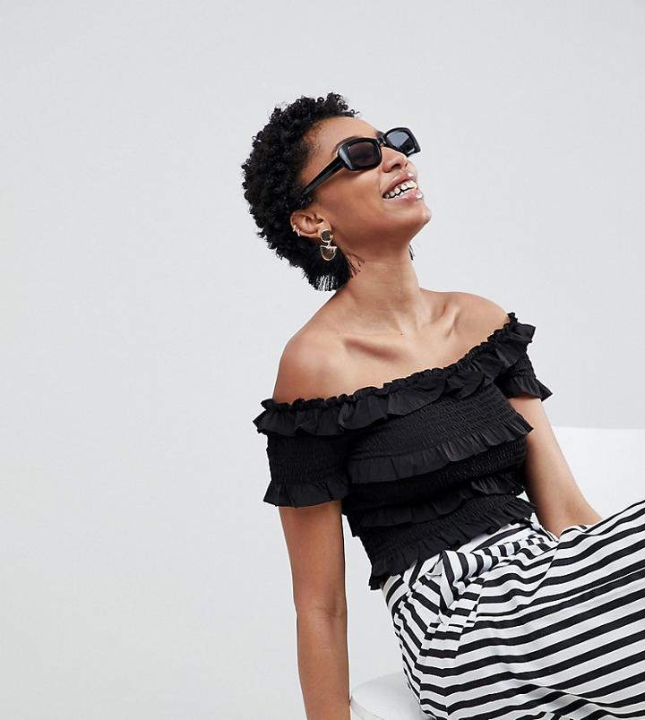 Vero Moda Tall Ruffle Bardot Crop Top - Black