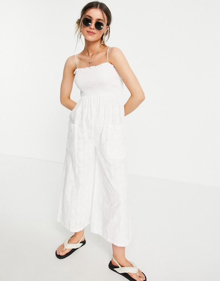 Asos Design Shirred Cami Broderie Culotte Jumpsuit In White