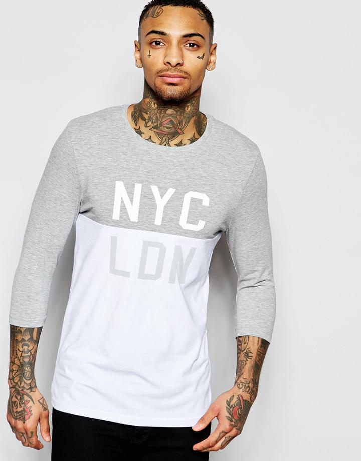 Asos Muscle 3/4 Sleeve T-shirt With Cut & Sew Nyc Ldn Print - Gray